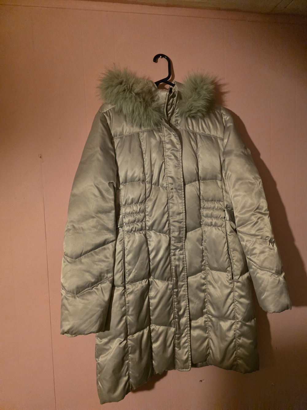 Platinum by Utex Champagne Satin Quilted Down Puffer Coat Fur Hood Size L
